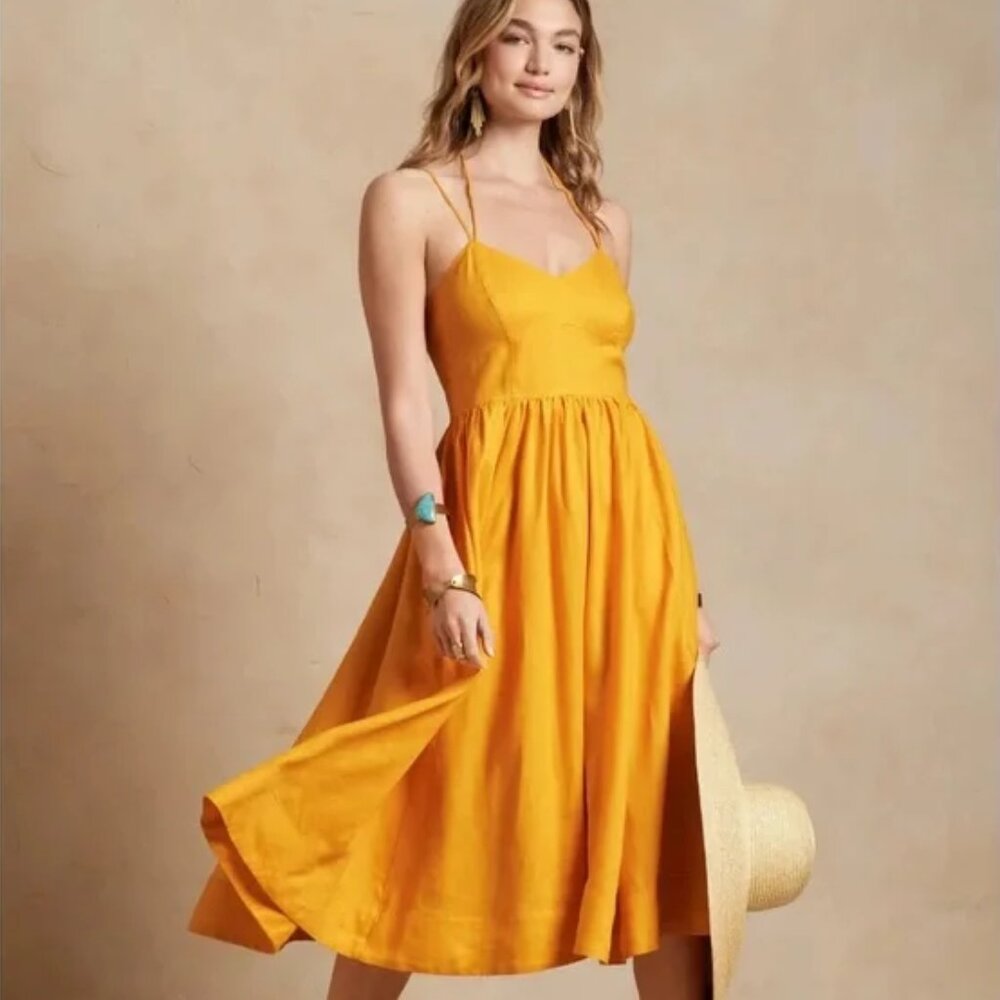 🌞 Banana Republic Linen Midi Dress in Golden Rye - Size M - Like New 🌞